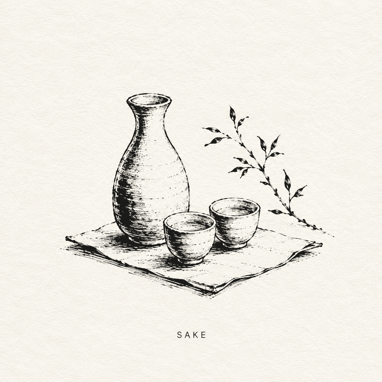 Black-and-white Japanese-style illustration of a sake bottle with two cups placed on a cloth mat, accented with a small leafy branch on a textured cream background.