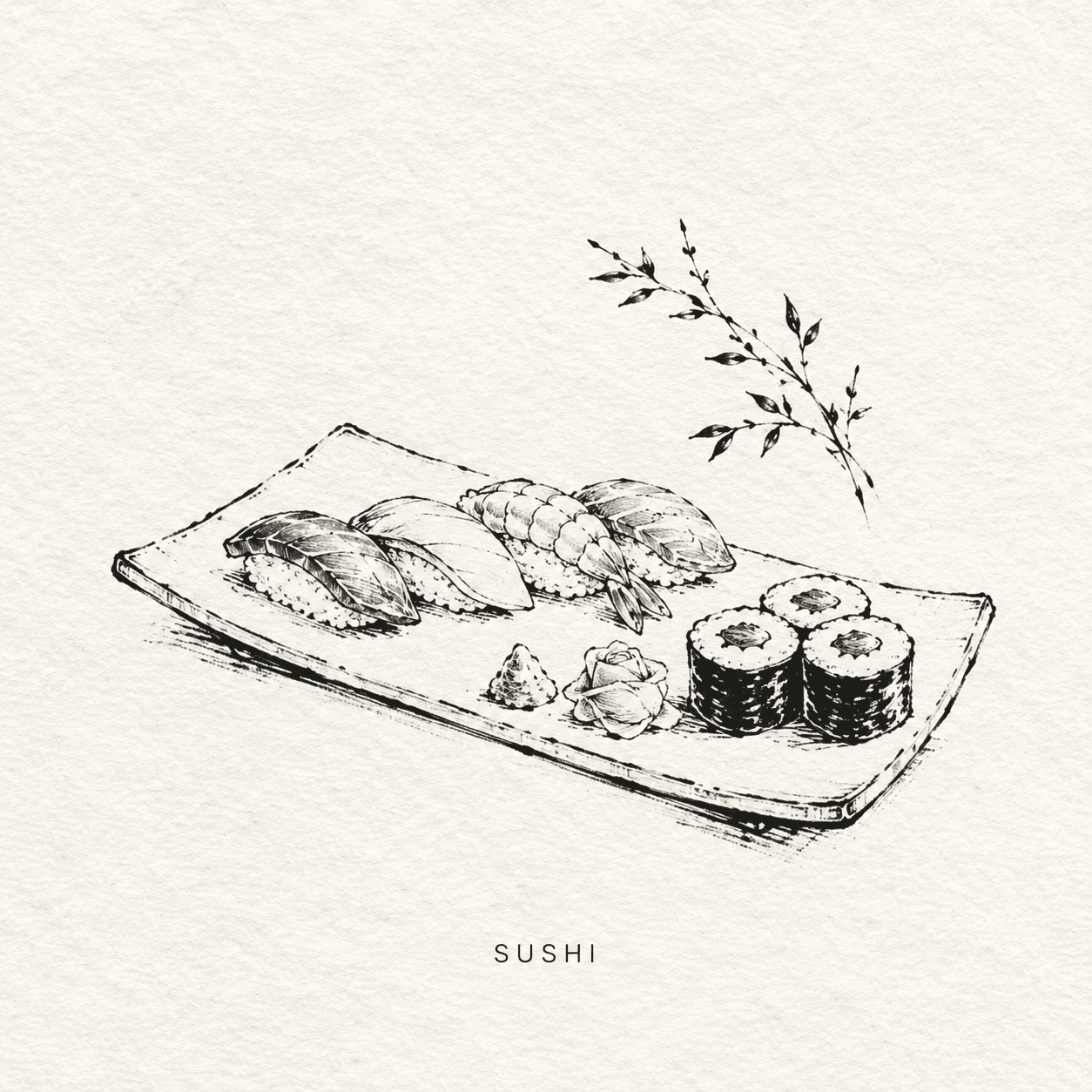 Black-and-white Japanese-style illustration of assorted nigiri sushi and sushi rolls served on a long plate with wasabi, pickled ginger, and a leafy branch accent on a textured cream background.
