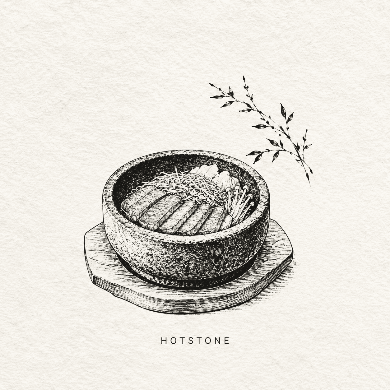 Black-and-white Japanese-style illustration of a hot stone bowl filled with sliced meat, noodles, mushrooms, and vegetables, placed on a wooden base with a leafy branch accent on a textured cream background.